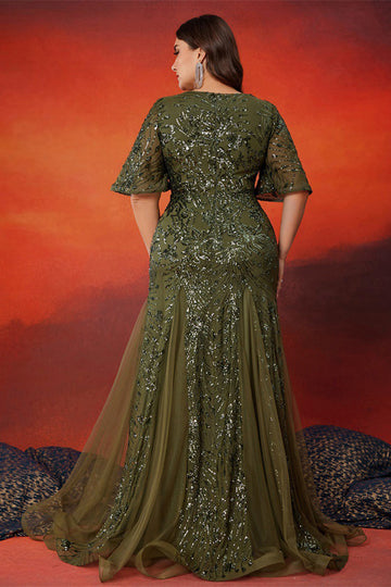 Sparkly Olive Tulle Mermaid Long Mother of the Bride Dress with Sequins